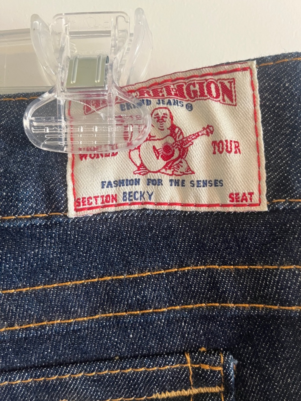 True Religion Dark Blue Flared Jeans with Gold Back Pocket Detail - Picture 2 of 8